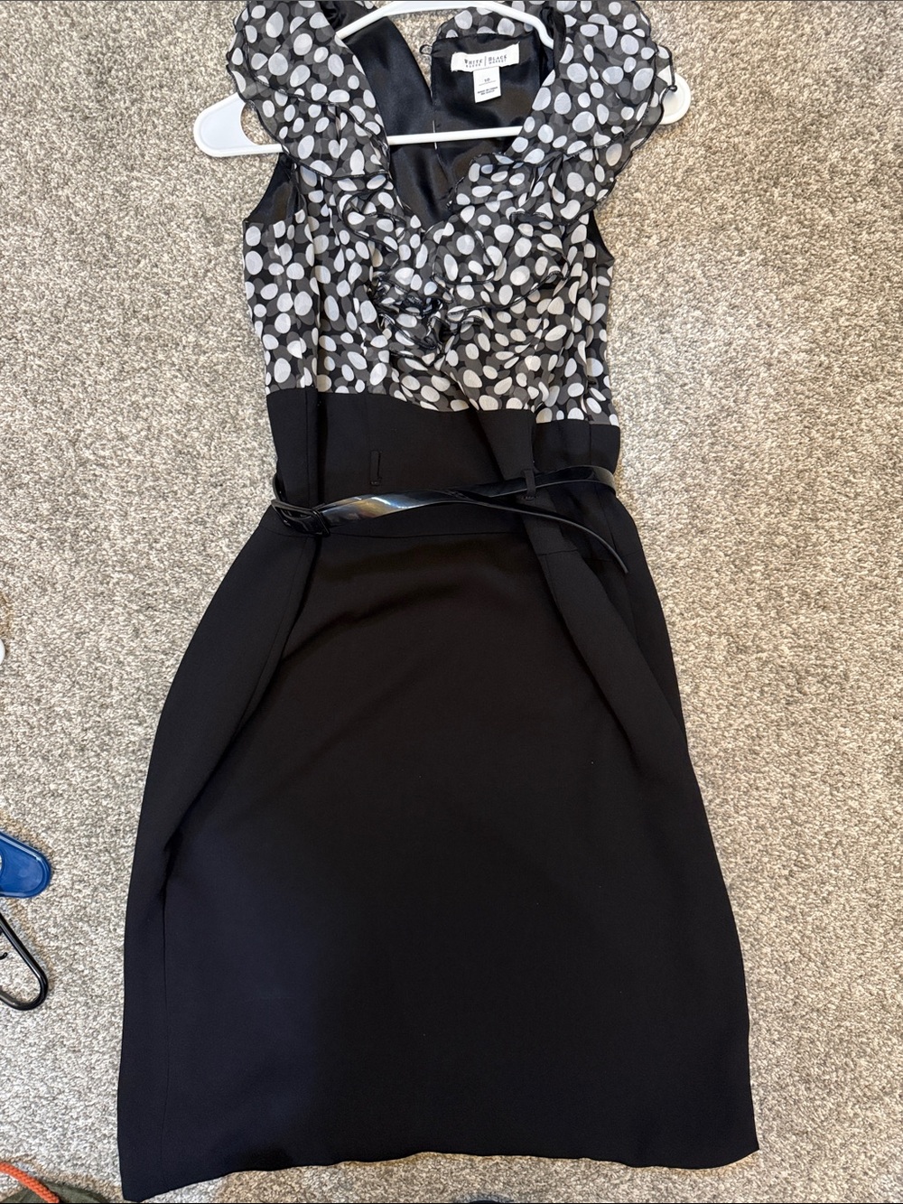 White House Black Market Black and White Polka Dot Ruffle Neck Midi Dress